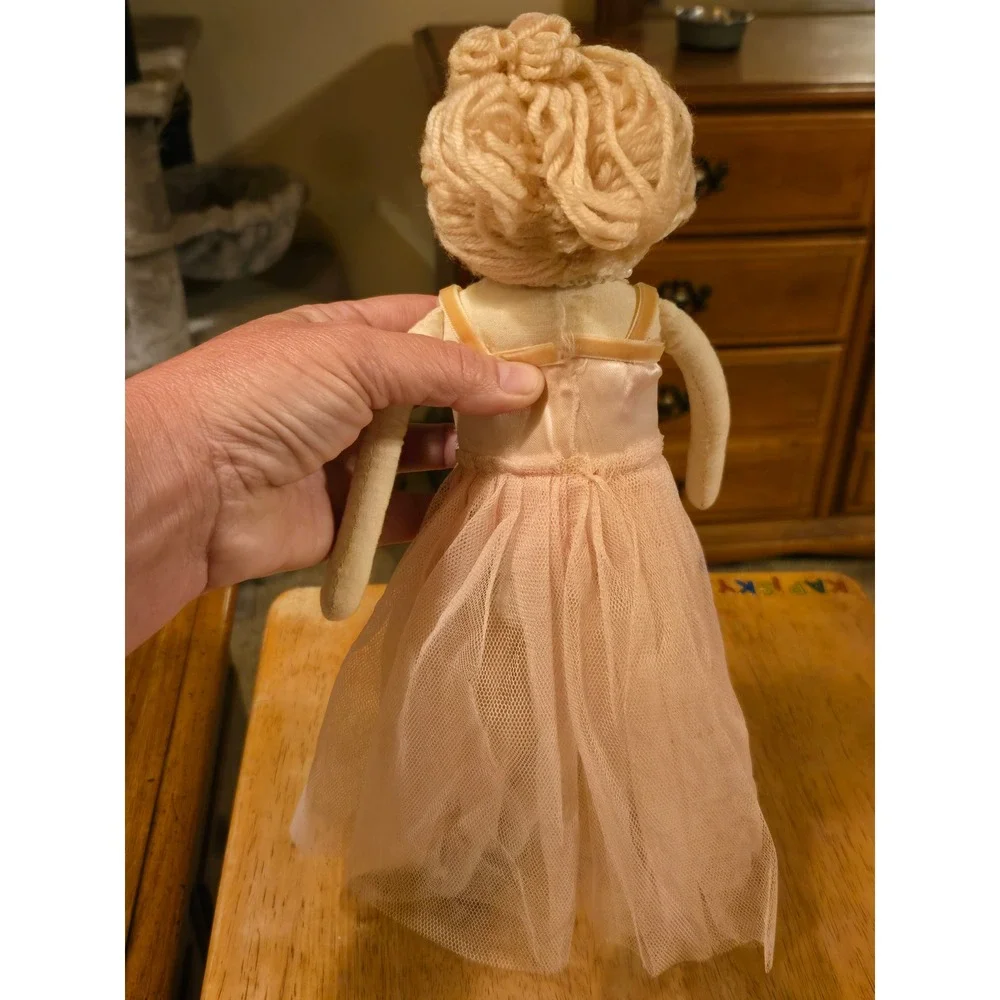 Handmade Ballerina Rag Doll Pink Tulle Tutu Yarn Hair Faux Pearls 14 Inch